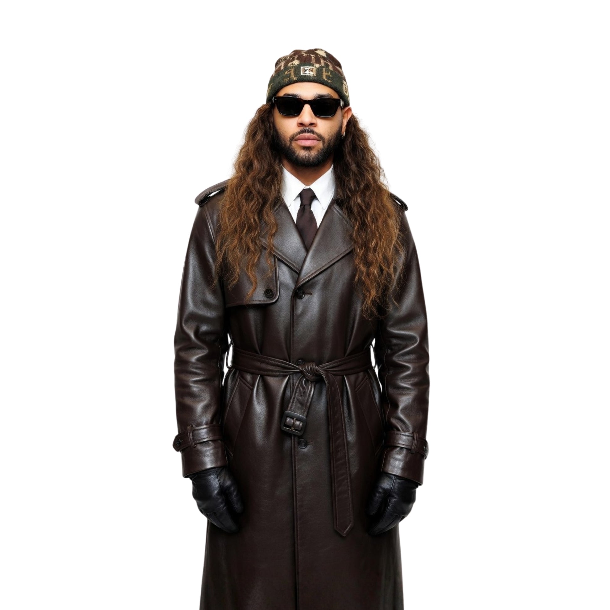 Man wearing a long brown leather coat, sunglasses, and a patterned cap on a white background