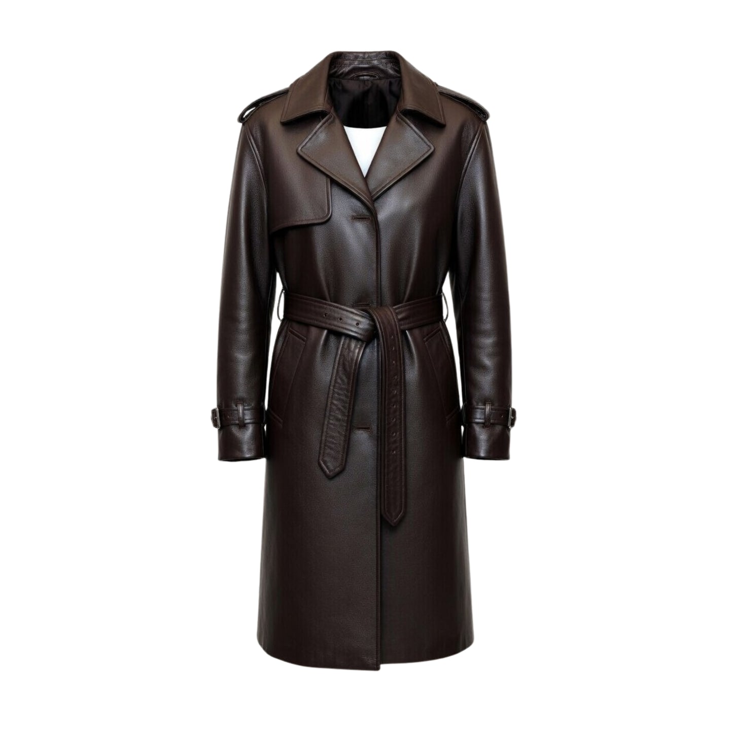 Brown leather coat with a belt on a white background