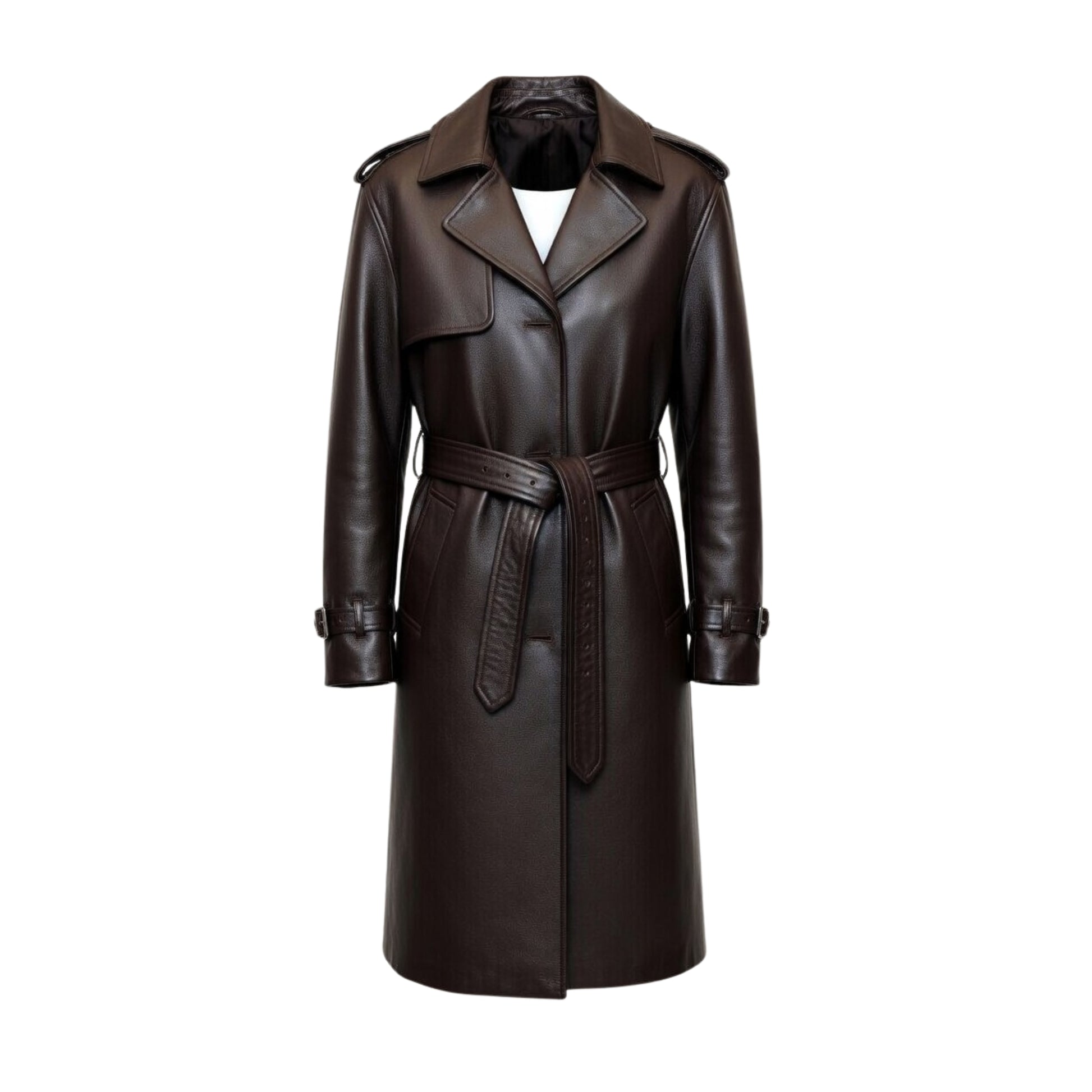 Brown leather coat with a belt on a white background