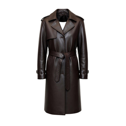 Brown leather coat with a belt on a white background