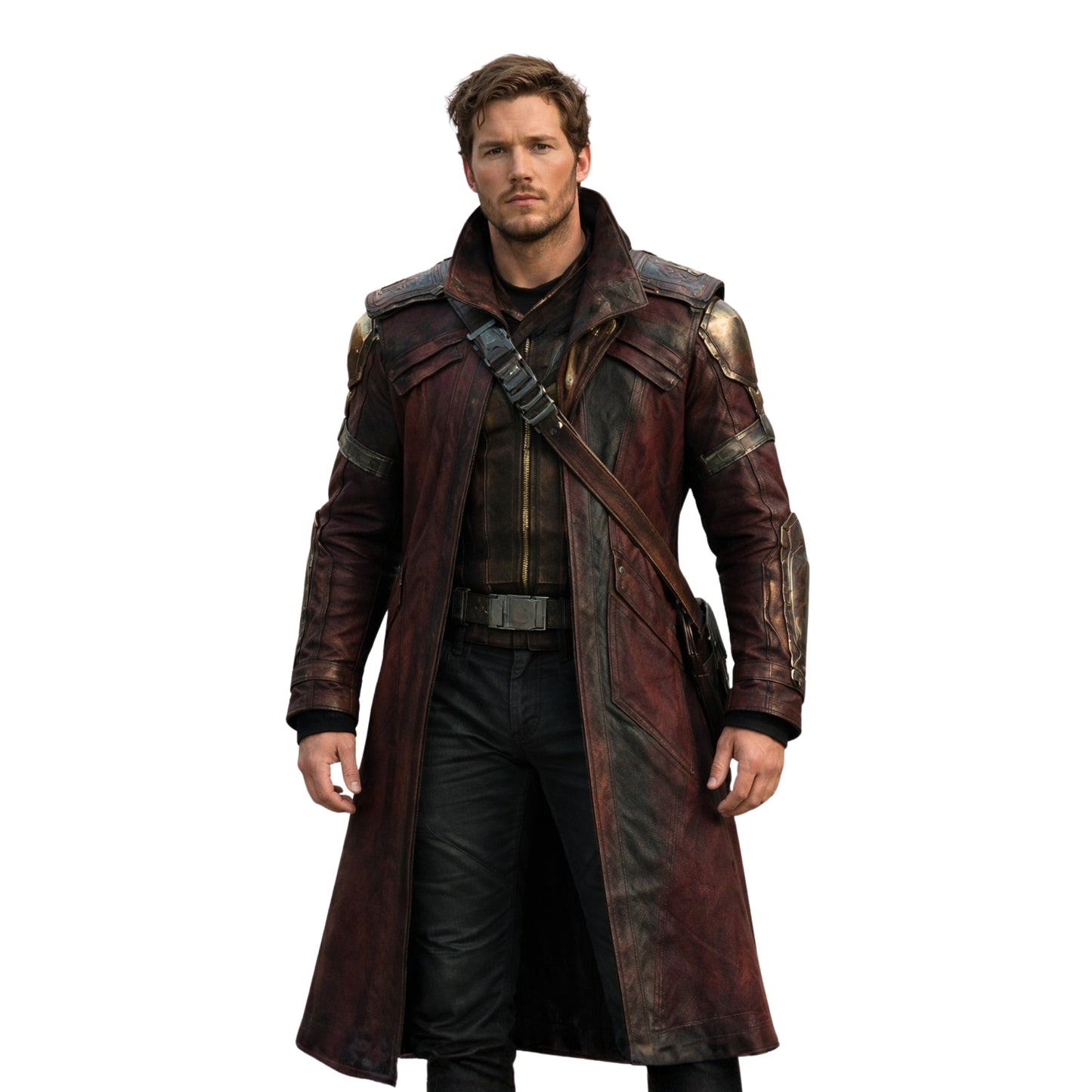 Person wearing a detailed coat with a white background