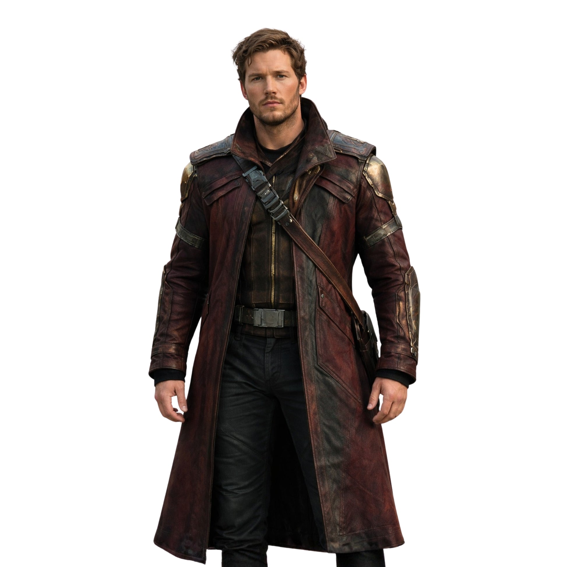 Person wearing a detailed coat with a white background