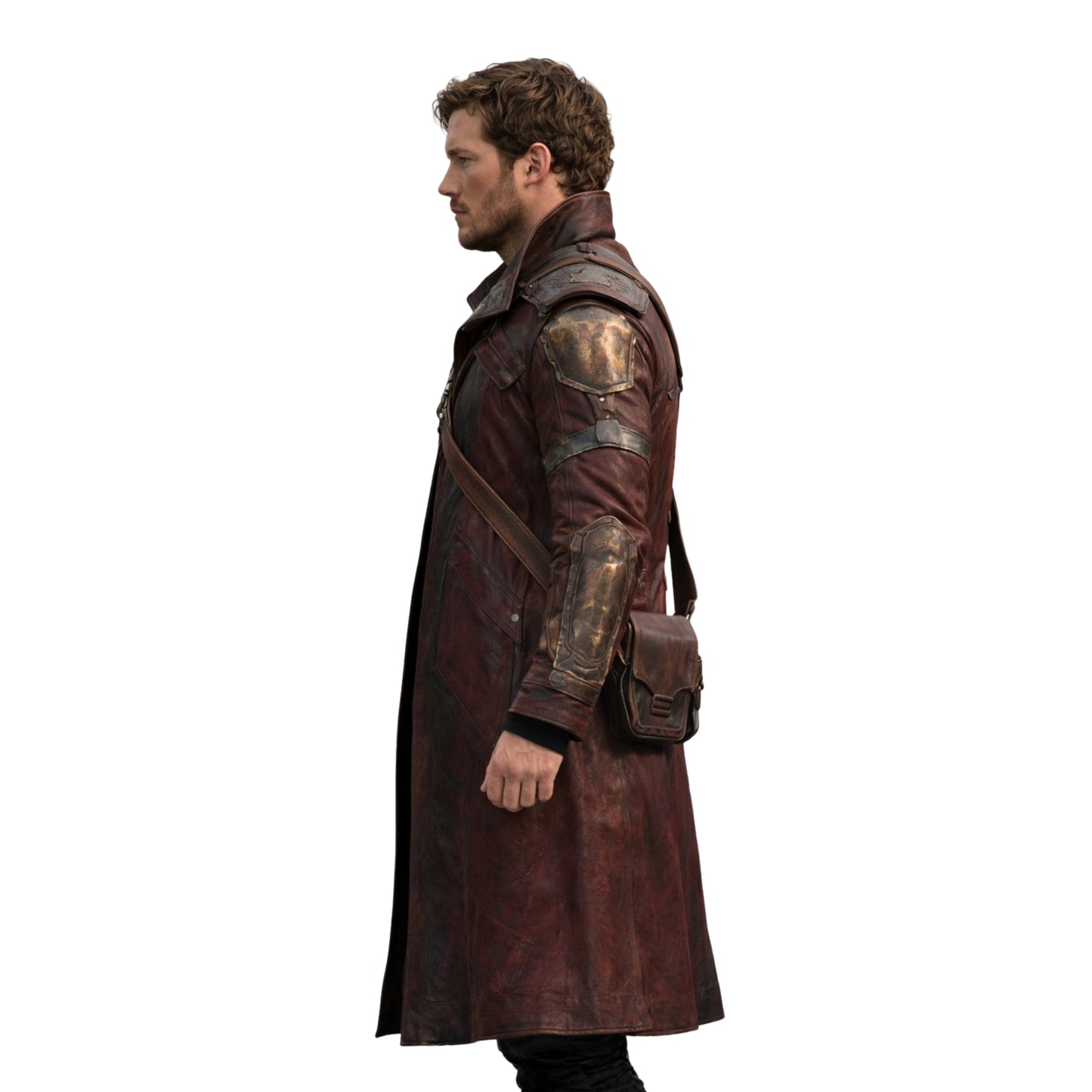Person wearing a detailed brown leather coat with armor plating on a white background