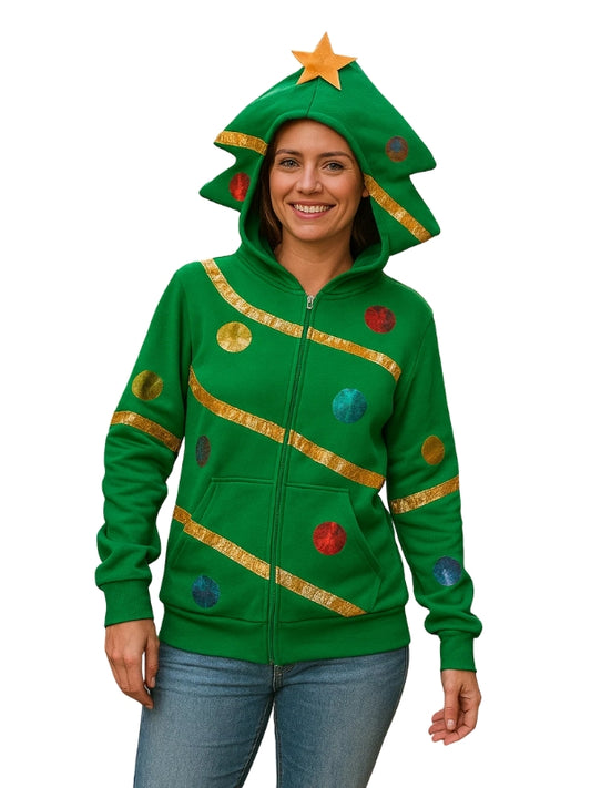 Person wearing a green Christmas tree-themed hoodie on a white background