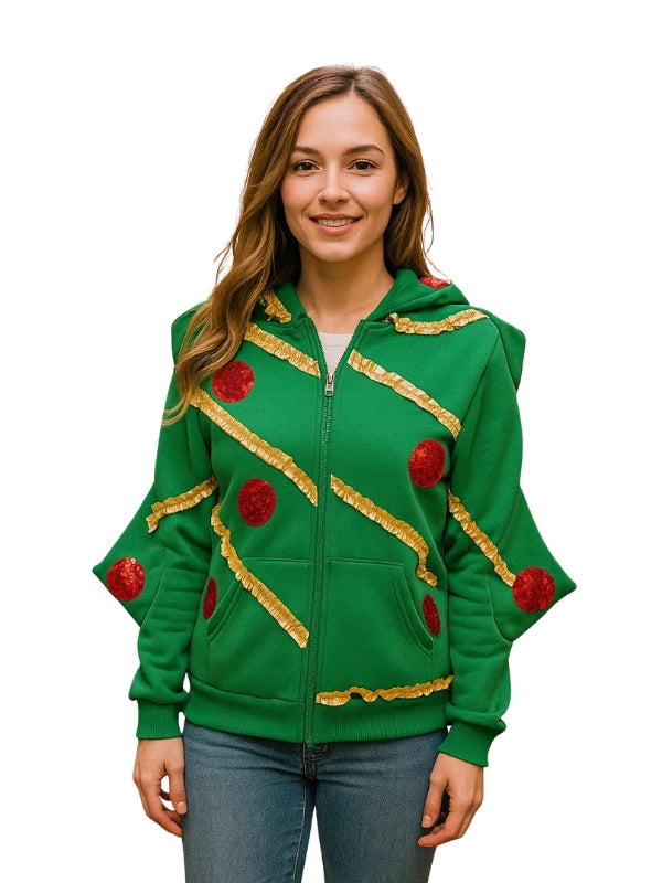 Woman wearing a green hoodie with red and gold accents on a white background