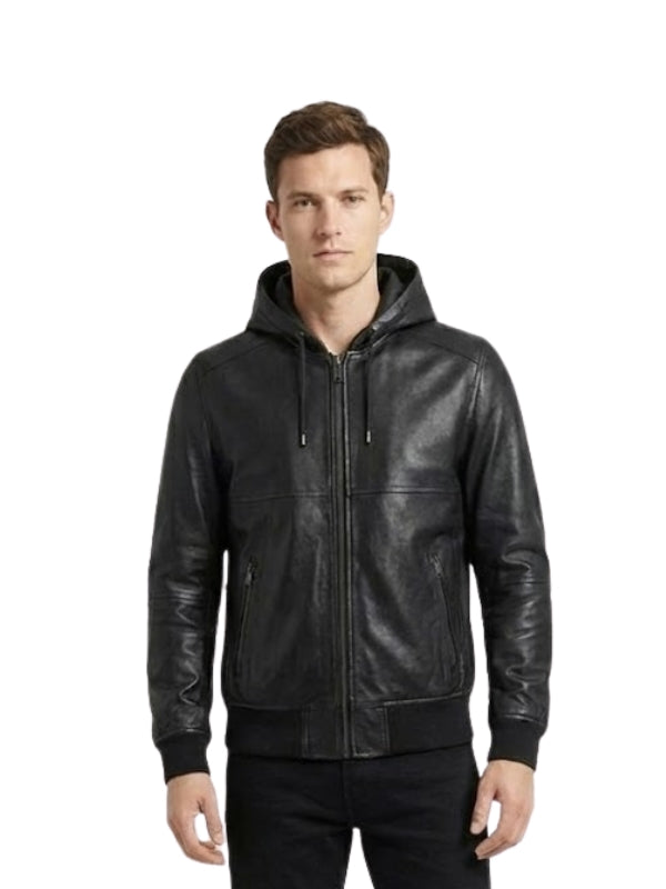Man wearing a black leather hoodie on a white background