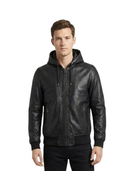Man wearing a black leather hoodie on a white background