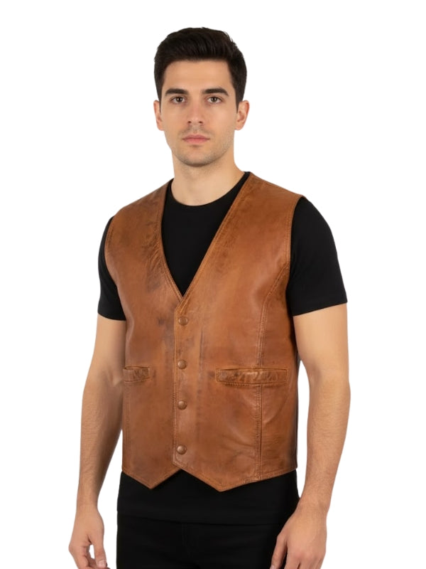 Man wearing a brown leather vest over a black shirt on a white background