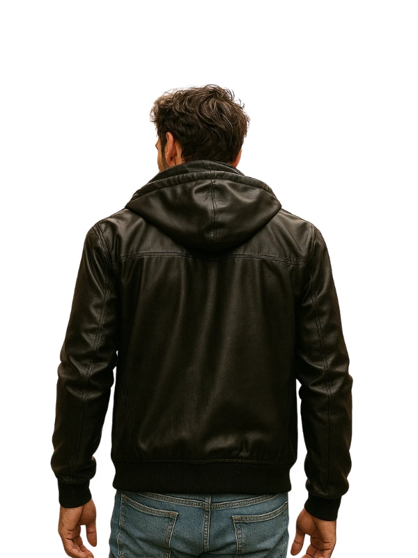 Classic Men's Black Hooded Bomber Leather Jacket