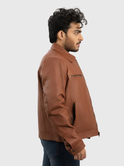 Man wearing a brown leather jacket on a white background