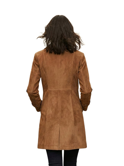Women’s Suede Leather Button-Up Trench Coat