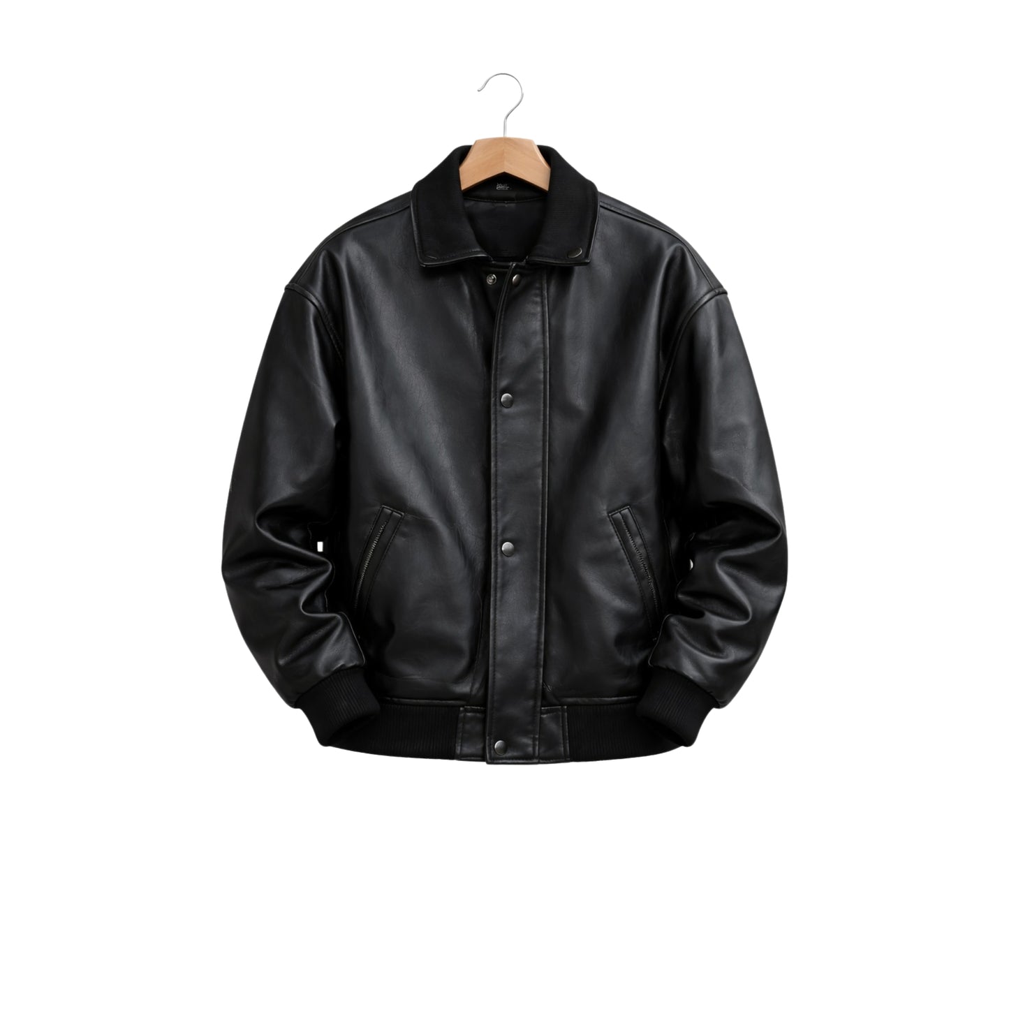 Black leather jacket on a hanger against a white background