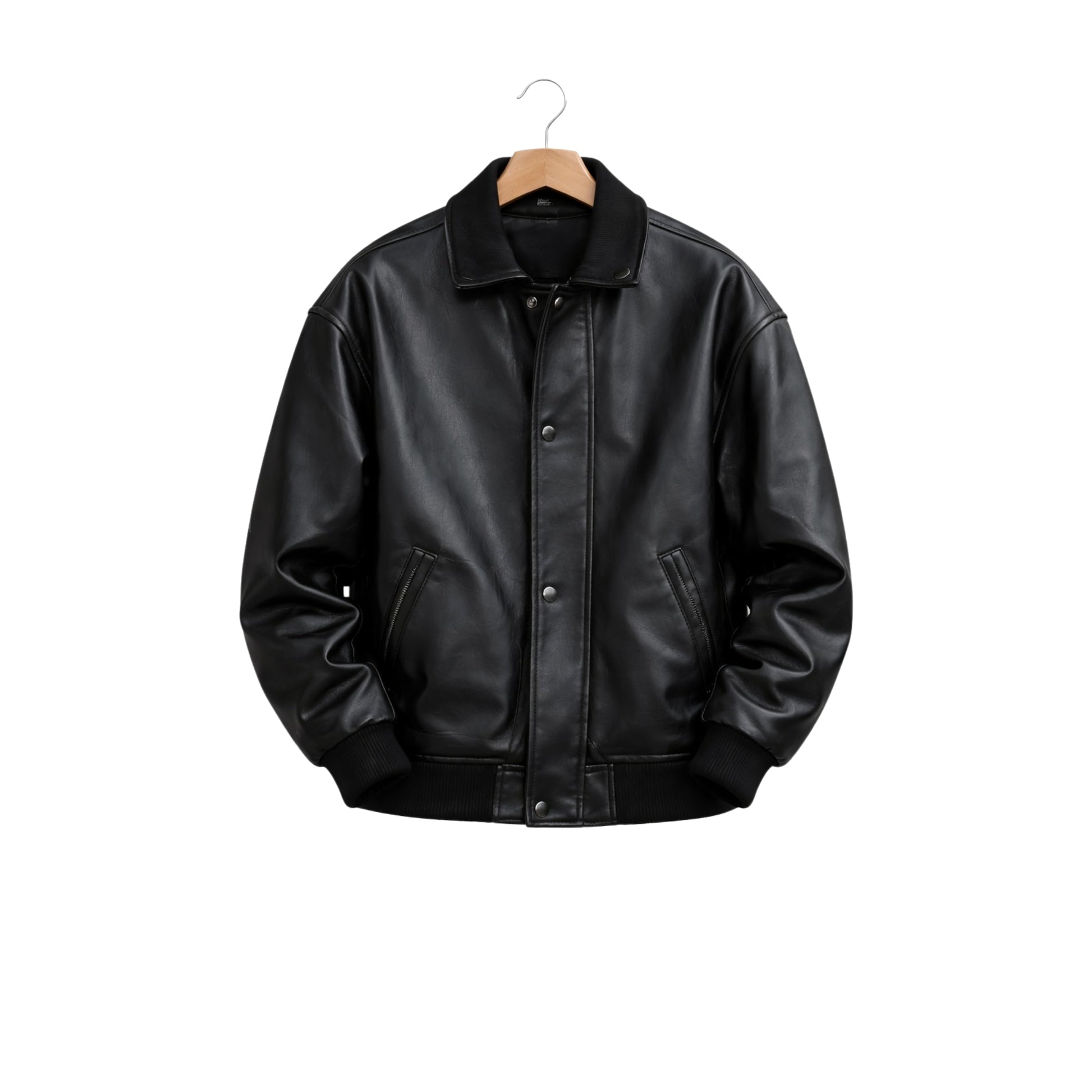 Black leather jacket on a hanger against a white background