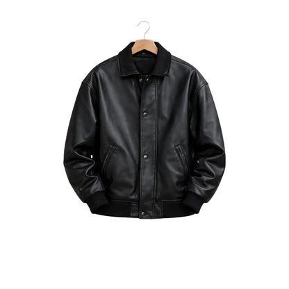 Black leather jacket on a hanger against a white background