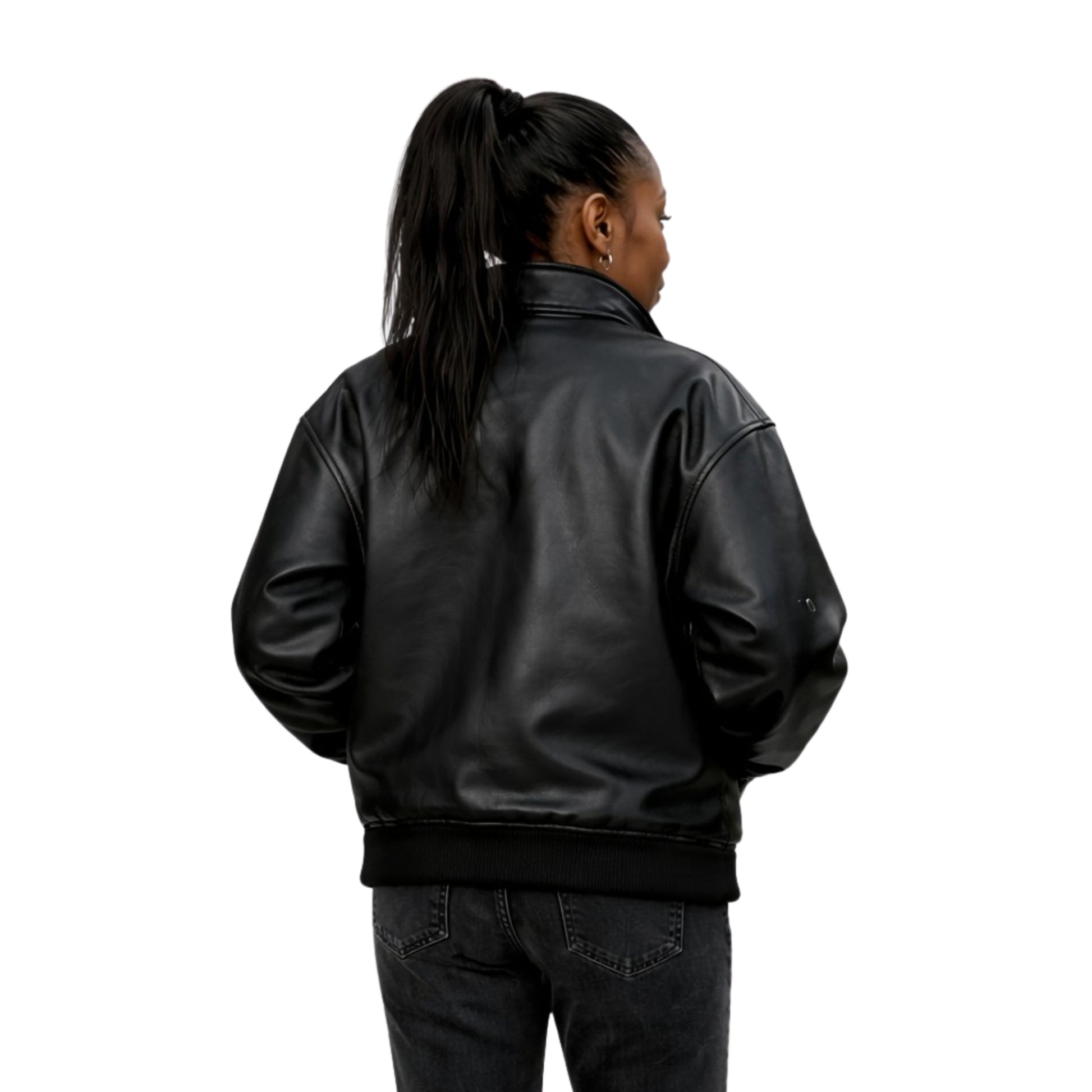 Person wearing a black leather jacket on a white background