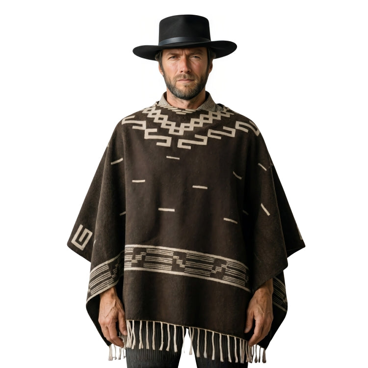 Man wearing a brown poncho with geometric patterns and a black hat on a white background