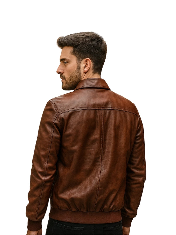 Cognac Brown Shirt Style Bomber Leather Jacket For Men's