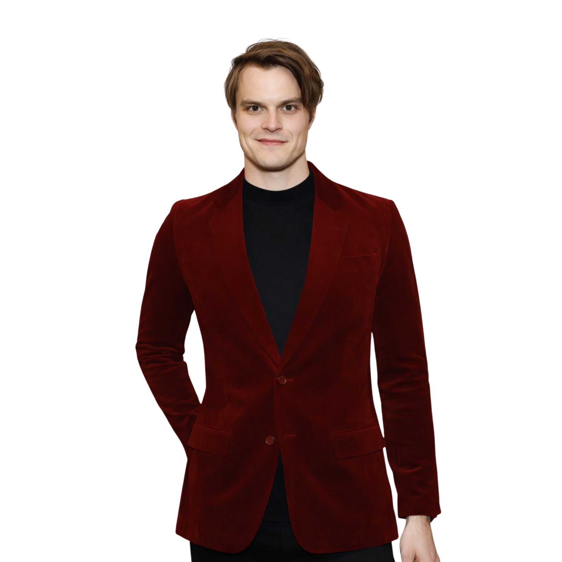 Man wearing a red velvet blazer on a white background