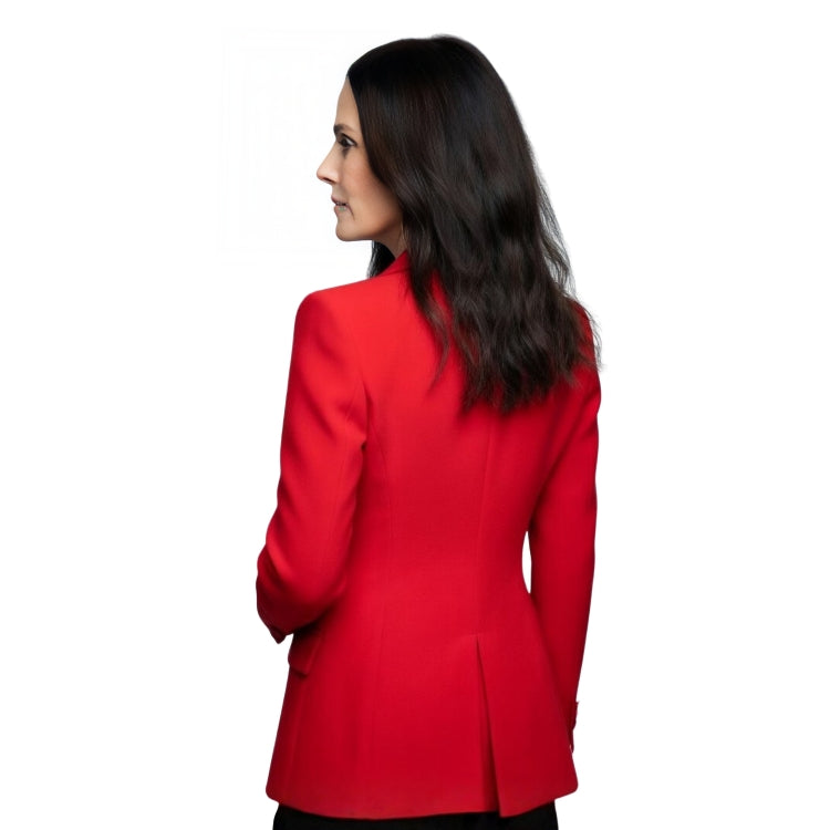 Woman wearing a red jacket on a white background