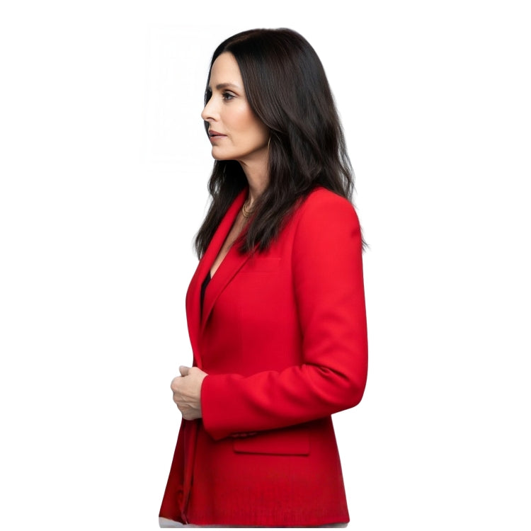 Woman wearing a red blazer on a white background