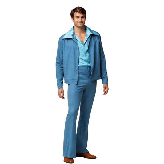 Man wearing a blue outfit on a white background