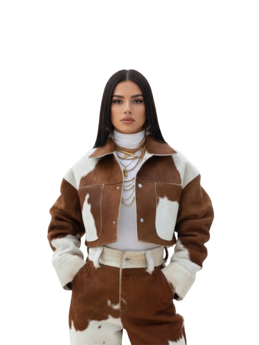 Cow Print Faux Fur Cropped Jacket