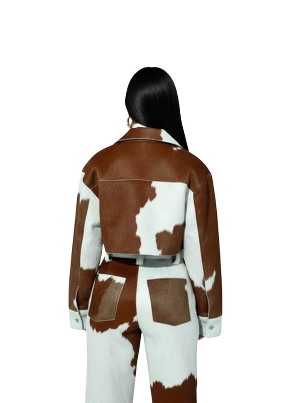 Cow Print Faux Fur Cropped Jacket Western Rodeo Style