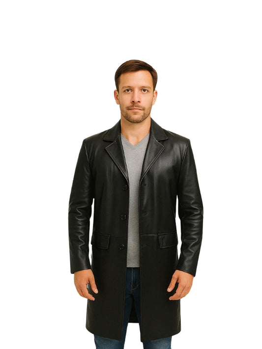 Cowhide Black Long Leather Coat