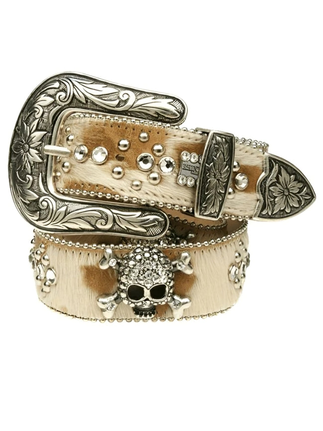 Decorative belt with skull design and silver buckle on a white background