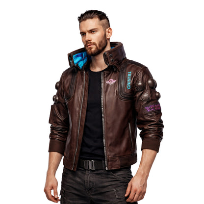 Man wearing a brown leather jacket with visible branding on a white background