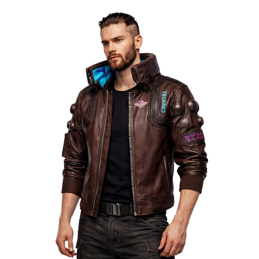 Man wearing a brown leather jacket with visible branding on a white background