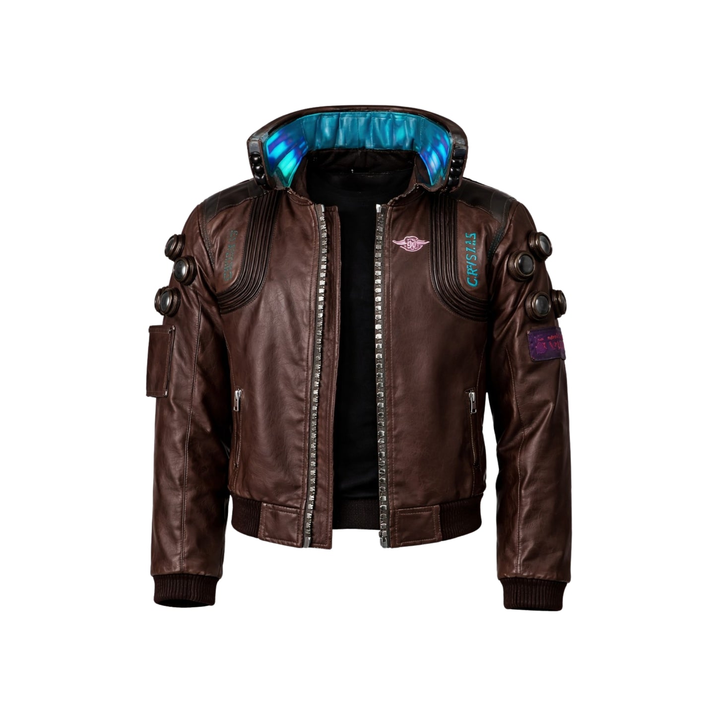 Brown leather jacket with futuristic design on a white background