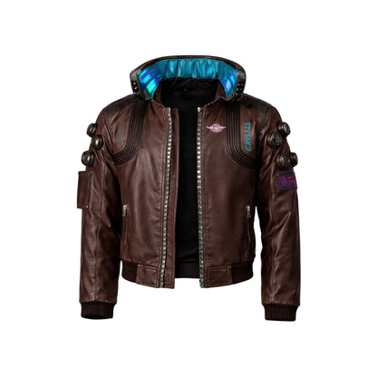 Brown leather jacket with futuristic design on a white background