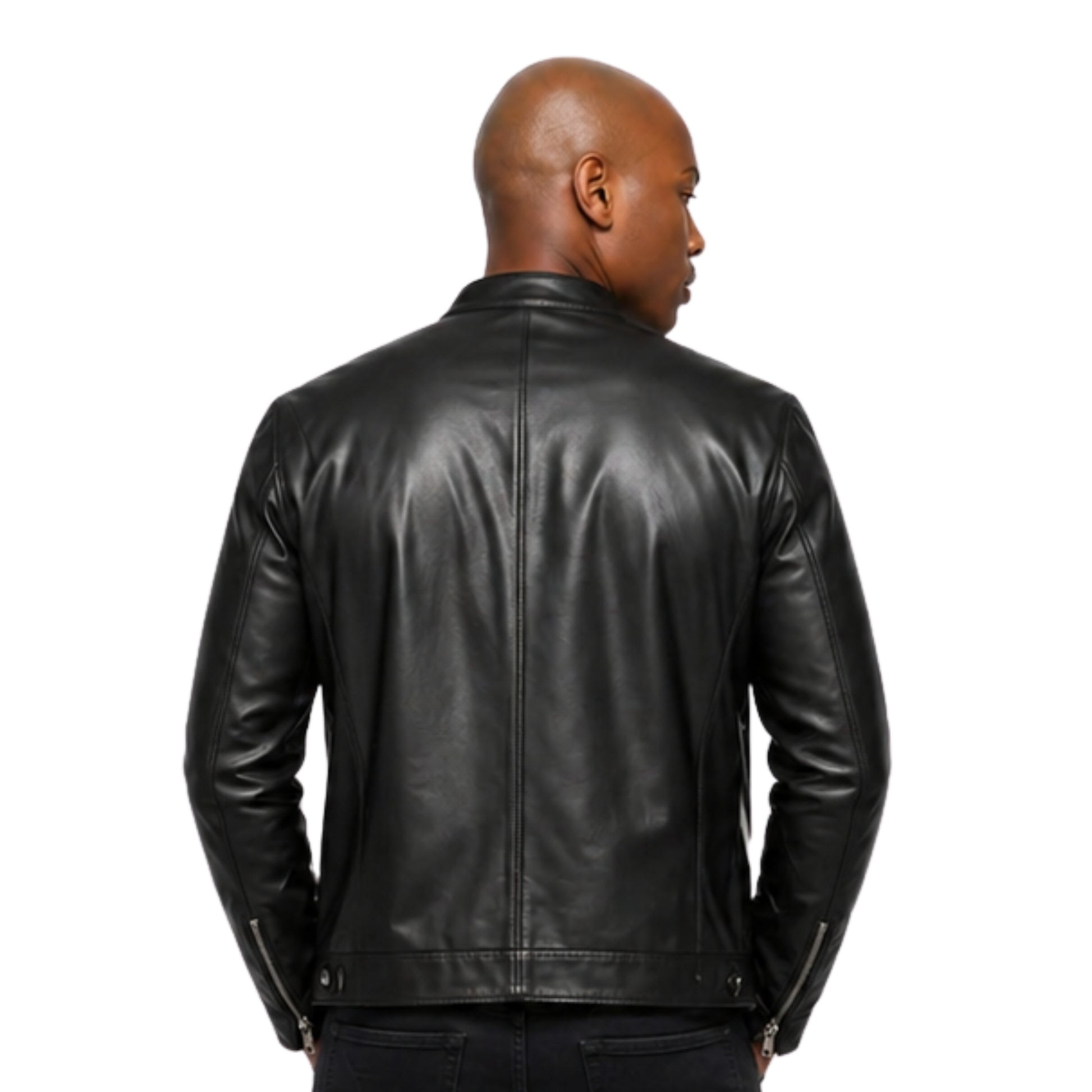 Man wearing a black leather jacket on a white background