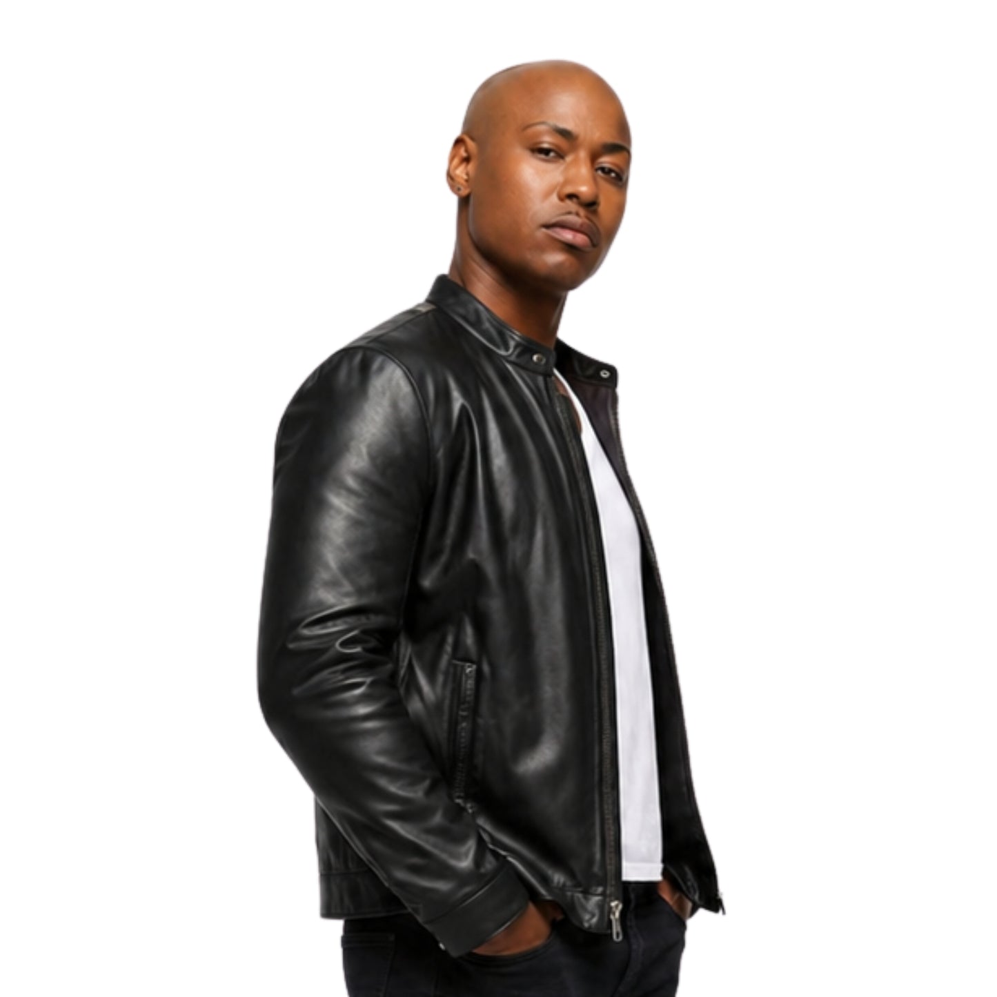 Man wearing a black leather jacket on a white background