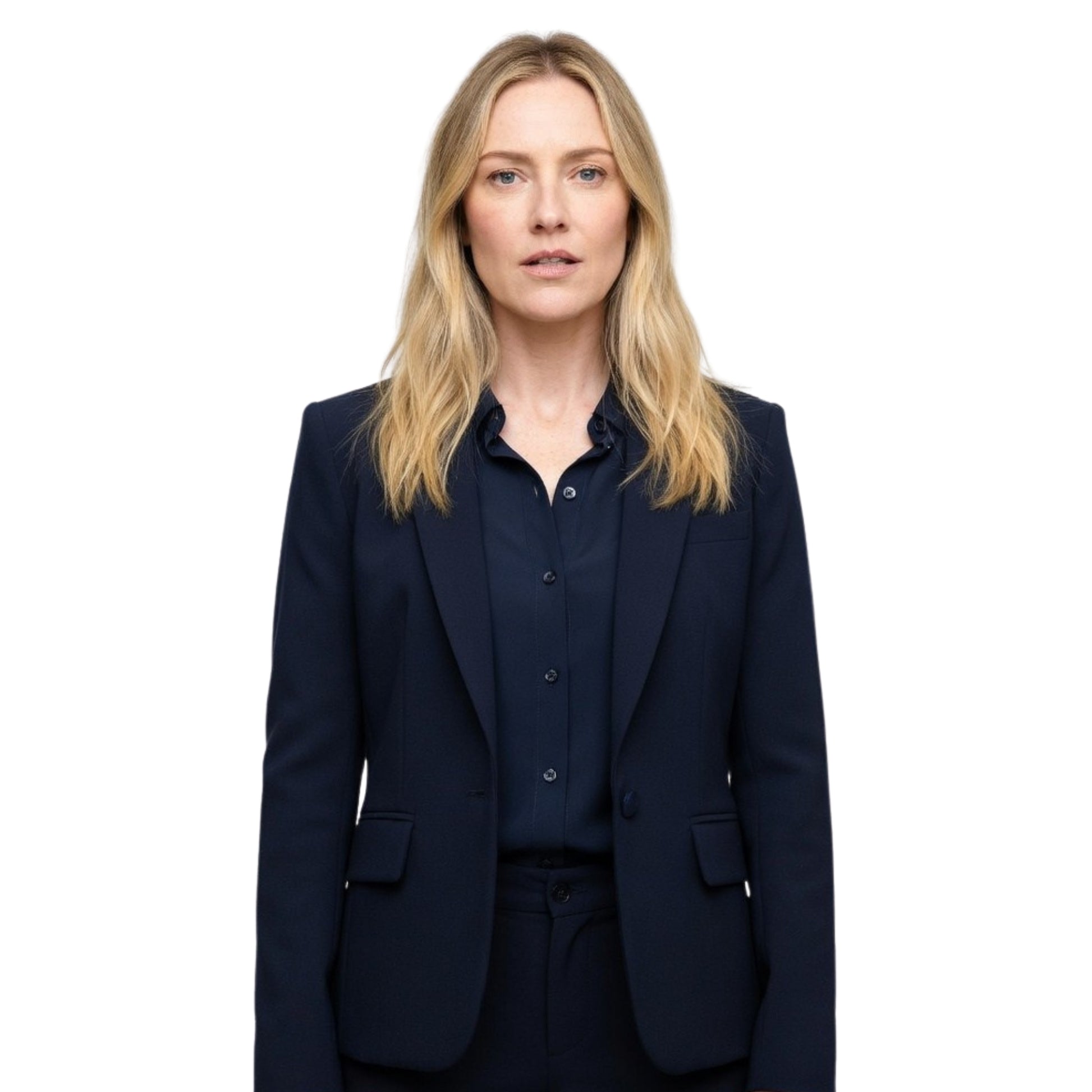 Woman wearing a navy suit on a white background