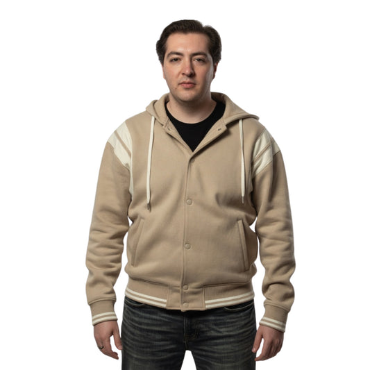 Man wearing a beige hoodie with white accents on a white background