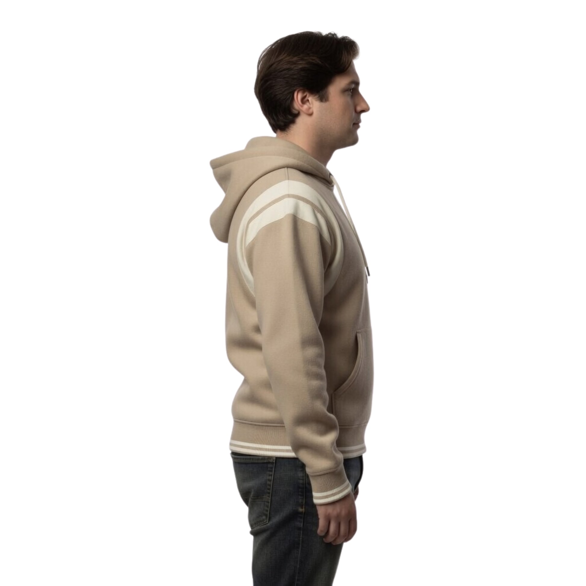 Man wearing a beige hoodie with white stripes on a white background