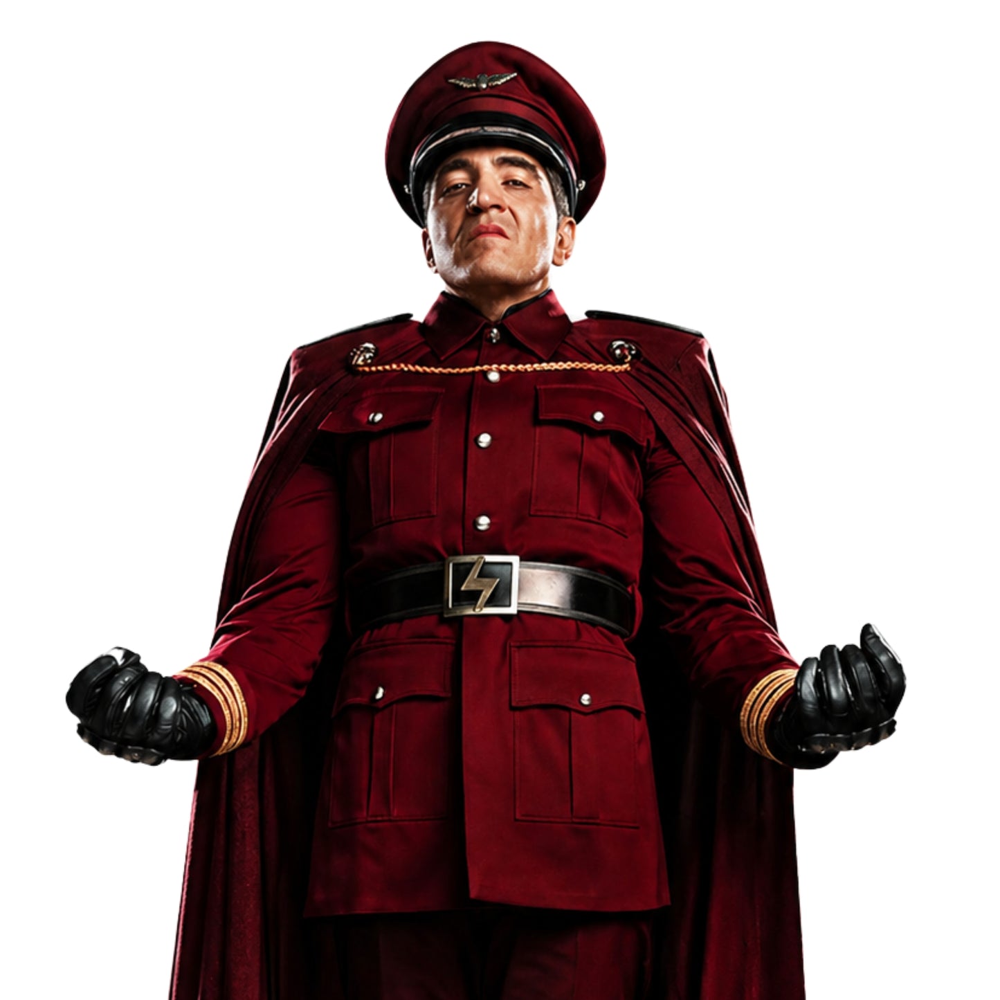 Person wearing a red military-style uniform with a cape on a white background