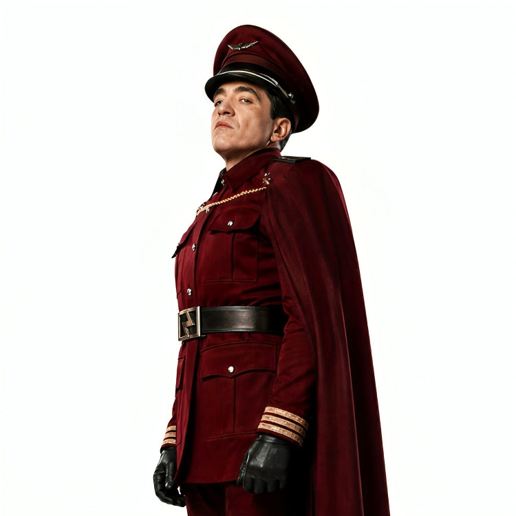 Person wearing a maroon uniform with a cape and hat on a white background