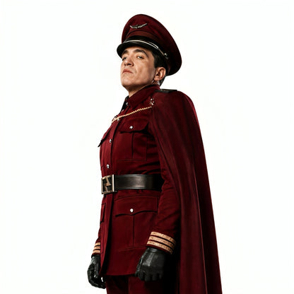 Person wearing a maroon uniform with a cape and hat on a white background