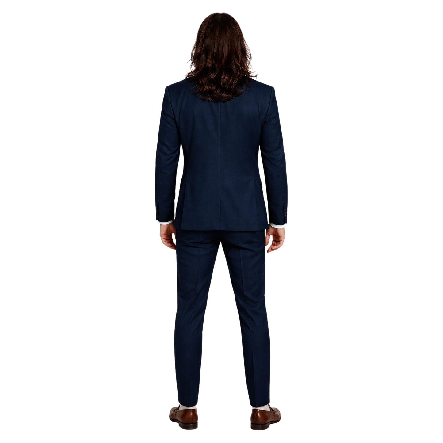Person wearing a navy blue suit on a white background