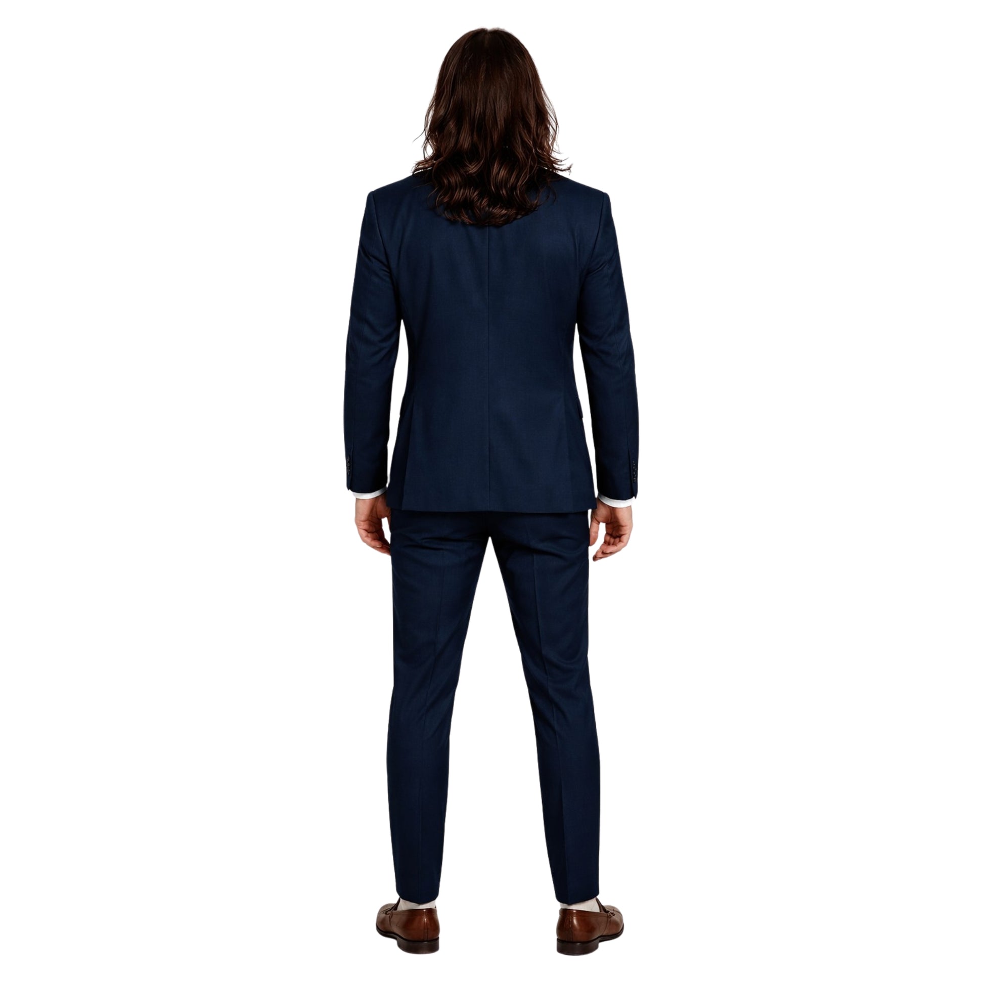 Person wearing a navy blue suit on a white background
