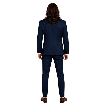 Person wearing a navy blue suit on a white background