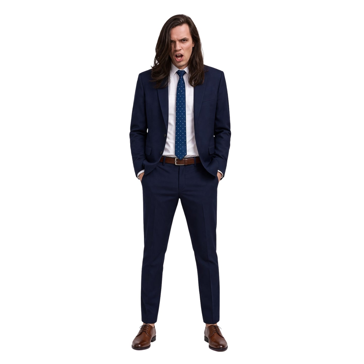 Man wearing a navy suit with a white shirt and brown shoes on a white background