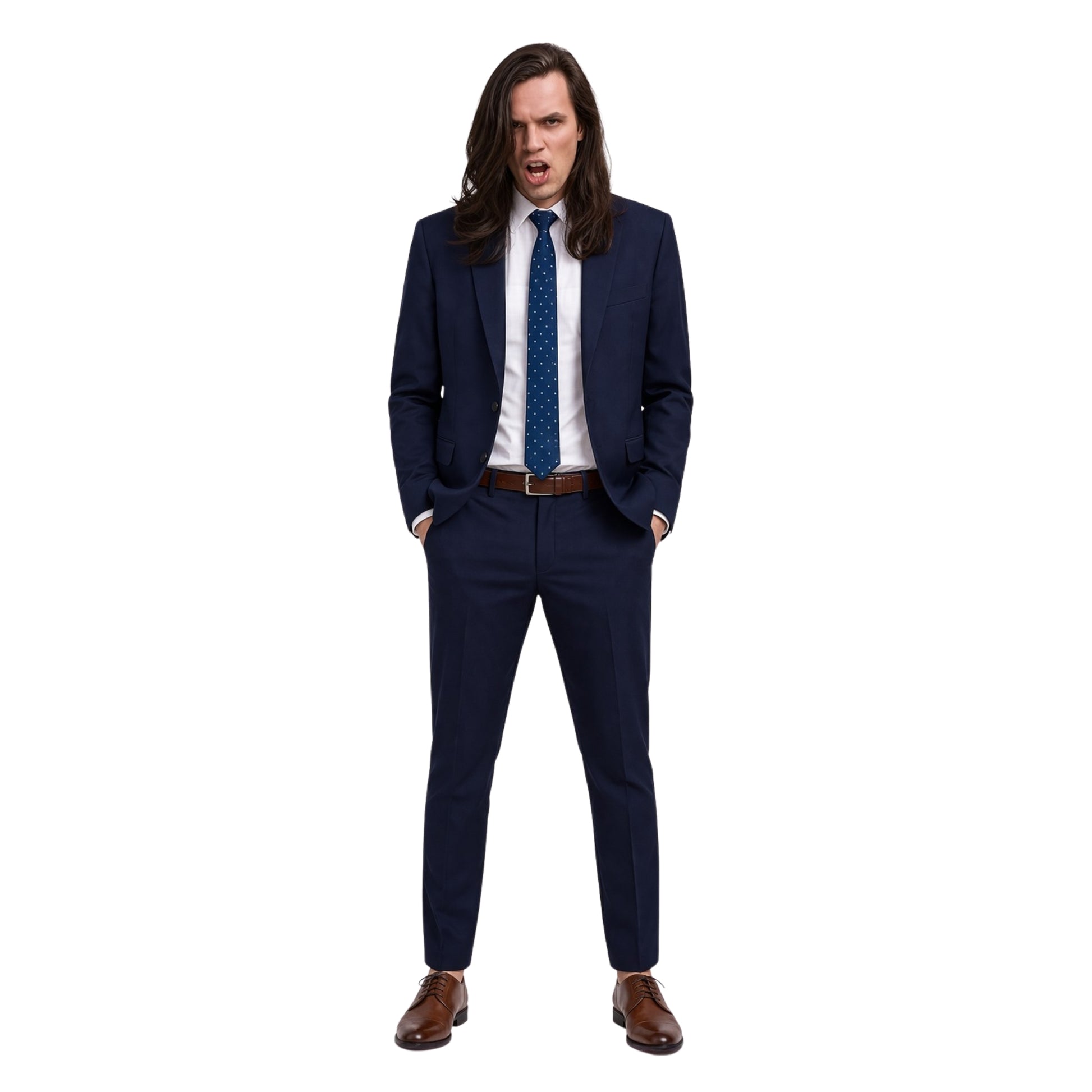 Man wearing a navy suit with a white shirt and brown shoes on a white background