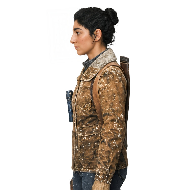Person wearing a camouflage jacket with a backpack on a white background