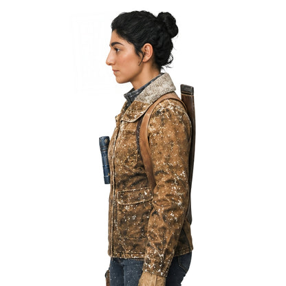 Person wearing a camouflage jacket with a backpack on a white background