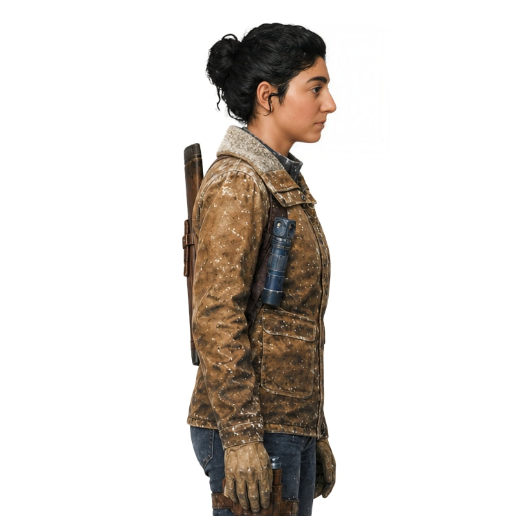 Person wearing a brown jacket with a backpack on a white background