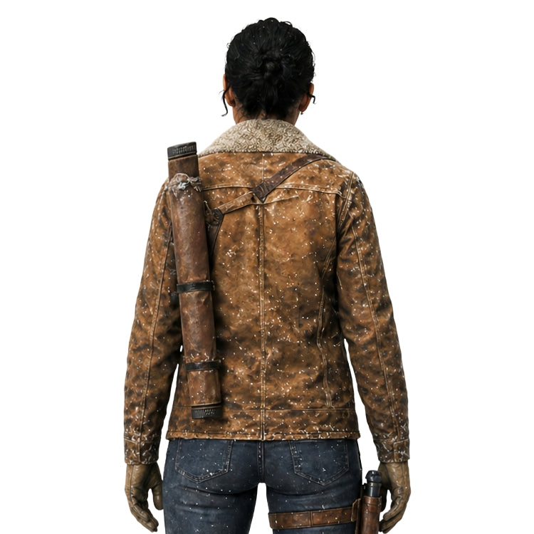 Person wearing a brown distressed jacket with a backpack on a white background